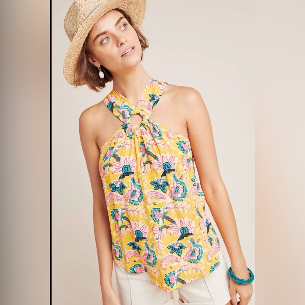 Anthropologie Floral Halter Top in Yellow and Pink